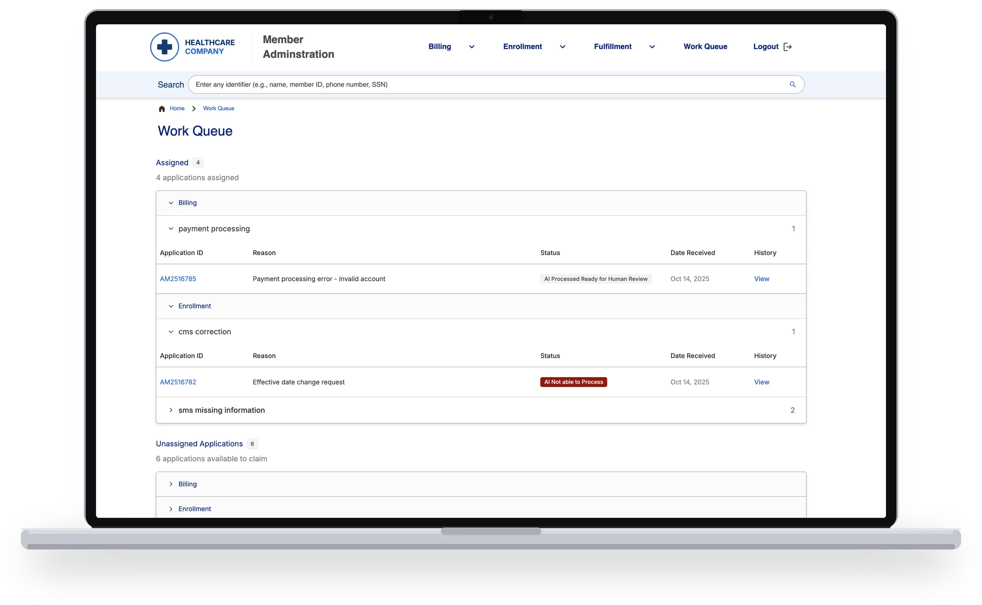 Member administration work queue shown on a laptop