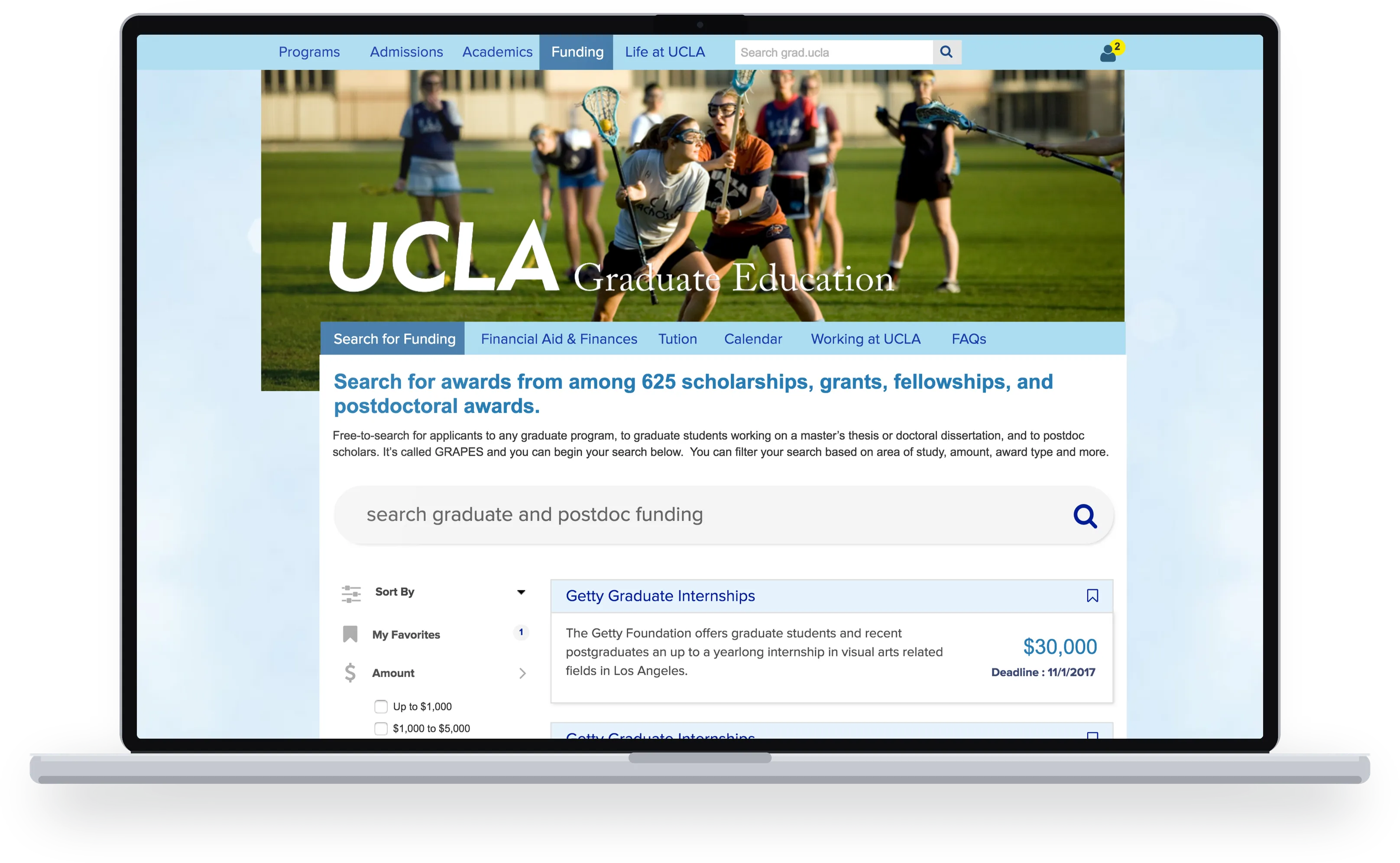 UCLA Graduate Education funding search shown on a laptop